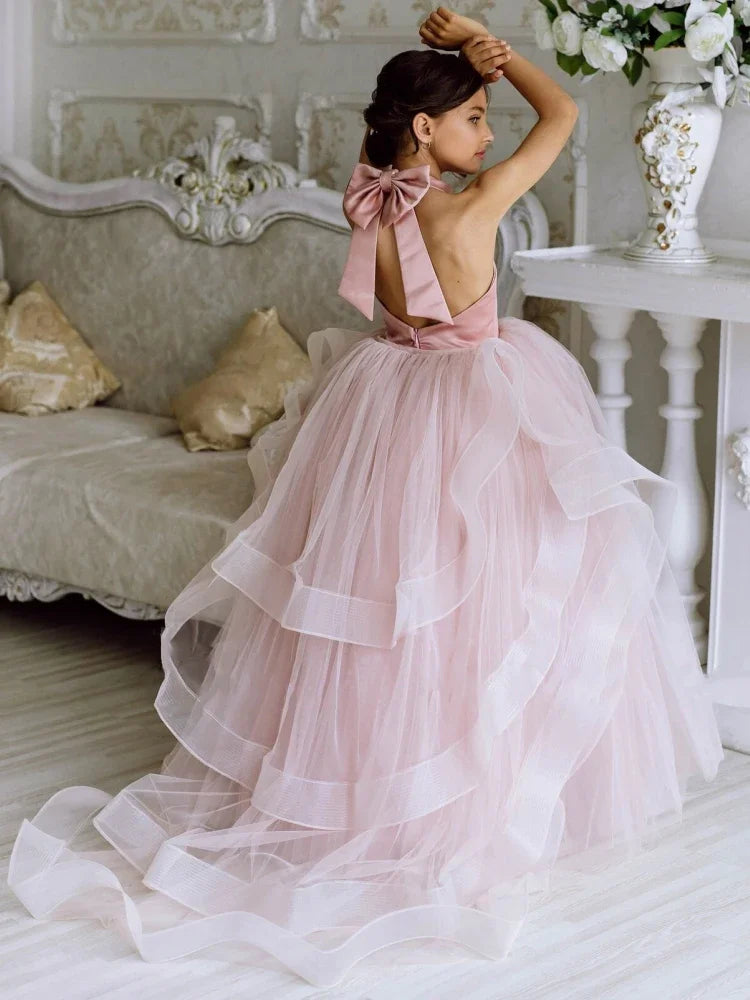 Vestidos de tul rosa con capas, lazo y cola, sin mangas, para bodas, cumpleaños, primera comunión, niñas de las flores 