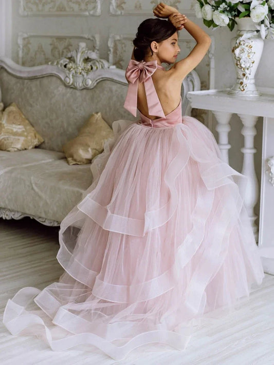 Pink Tulle Puffy Tiered With Bow And Tailing Sleeveless For Wedding Birthday Party First Communion Gowns Flower Girl Dresses