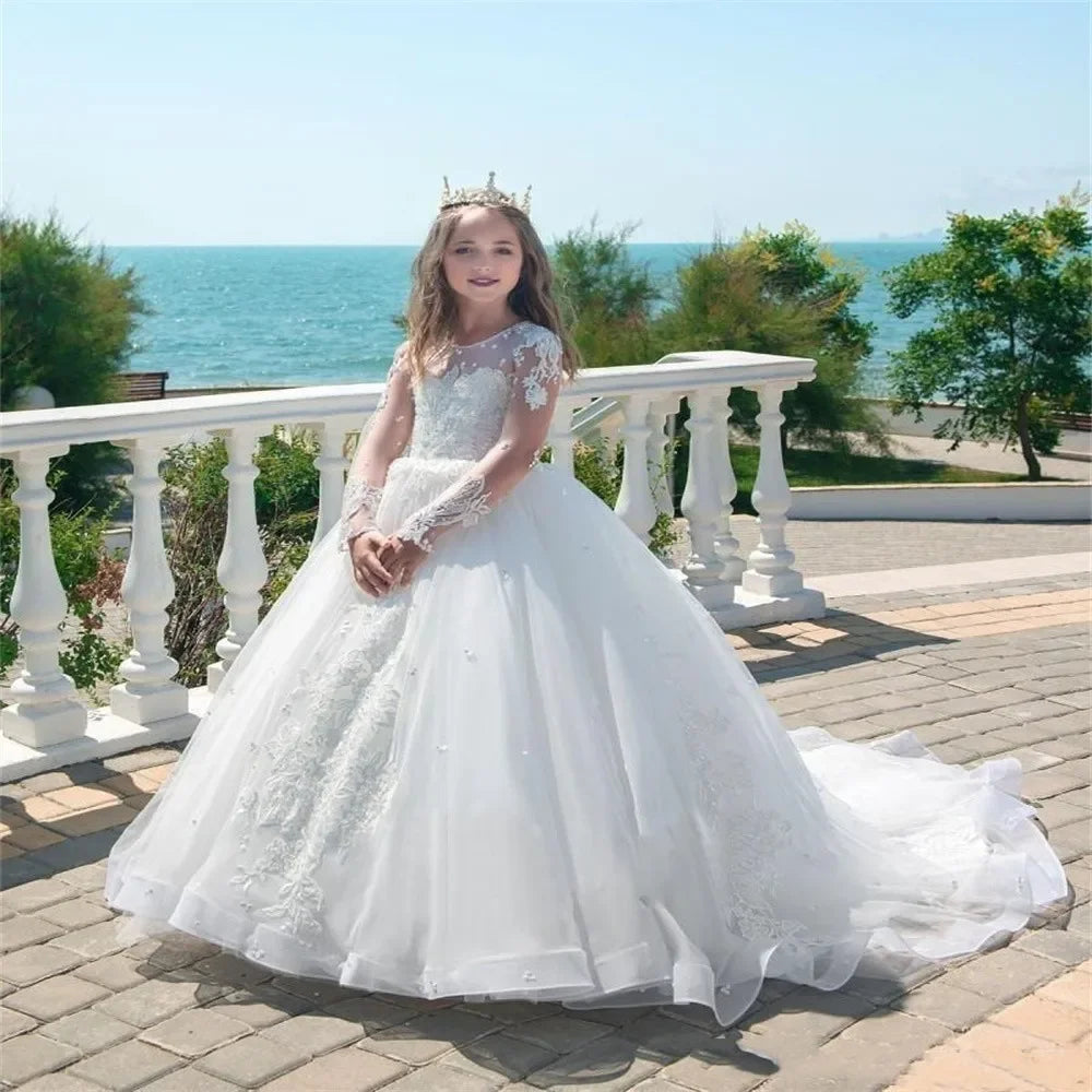 Para bodas, vestidos de encaje de manga larga hasta el suelo, personalizados, para primera comunión, para cumpleaños, para niñas de flores blancas. 