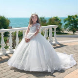 Para bodas, vestidos de encaje de manga larga hasta el suelo, personalizados, para primera comunión, para cumpleaños, para niñas de flores blancas. 