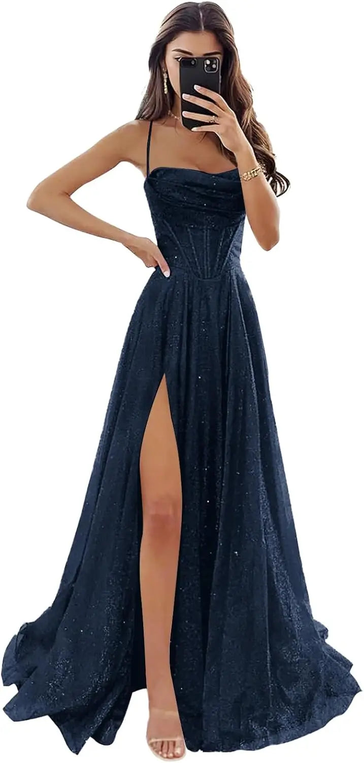 Damen Spaghettiträger Glitzer Tüll Ballkleider mit Schlitz Wasserfallausschnitt Langes formelles Abendkleid Partykleid 