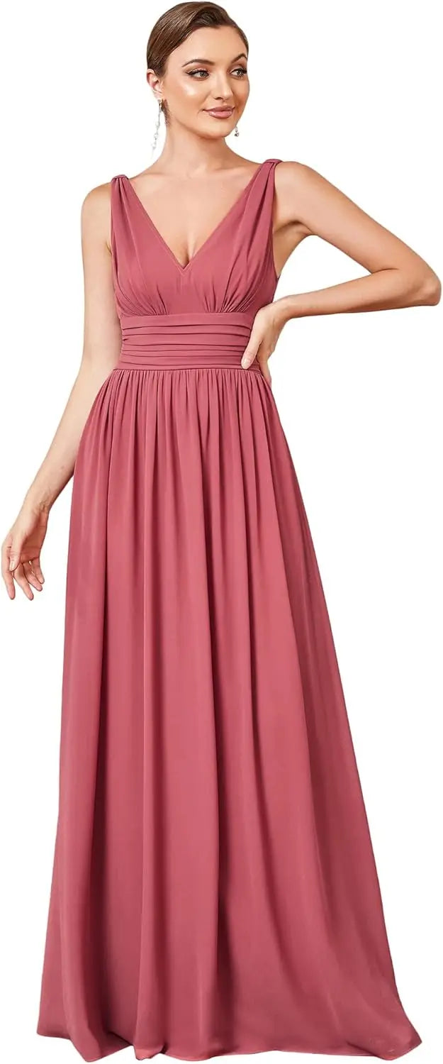 Womens Bridesmaid Dress V-Neck Sleeveless A Line Chiffon Floor Length Formal Dress wedding guest dress  ball gown