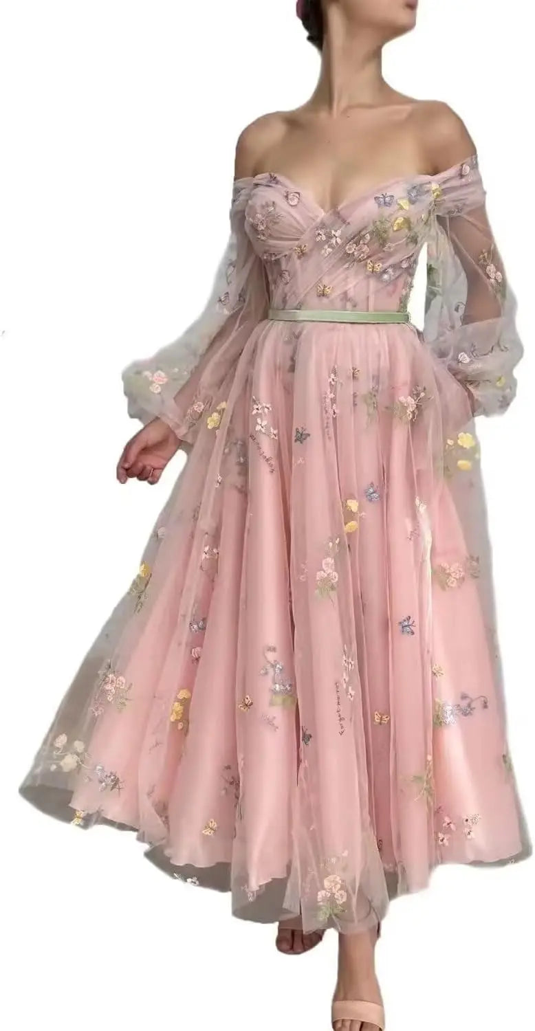 Bridesmaid Dress Long Sleeve Flower Embroidery Lace Tulle Prom Dresses for Women A Line Fairy Maxi Formal Evening Party Gowns