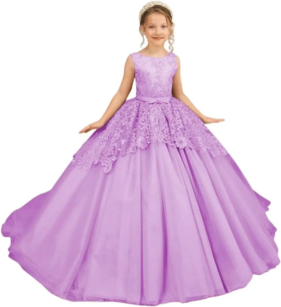 Tüll-Blumenmädchenkleid für Hochzeit, Spitzenapplikationen, bestickt, Prinzessin, Kinderfestzug, Geburtstagsparty, Festzugskleider für Mädchen 