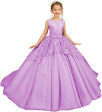 Tüll-Blumenmädchenkleid für Hochzeit, Spitzenapplikationen, bestickt, Prinzessin, Kinderfestzug, Geburtstagsparty, Festzugskleider für Mädchen 