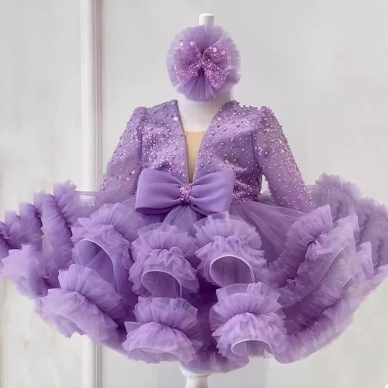 Bonitos vestidos de princesa para fiesta de bodas, personalizados, de organza brillante con lentejuelas y lazo, para niña de las flores. 