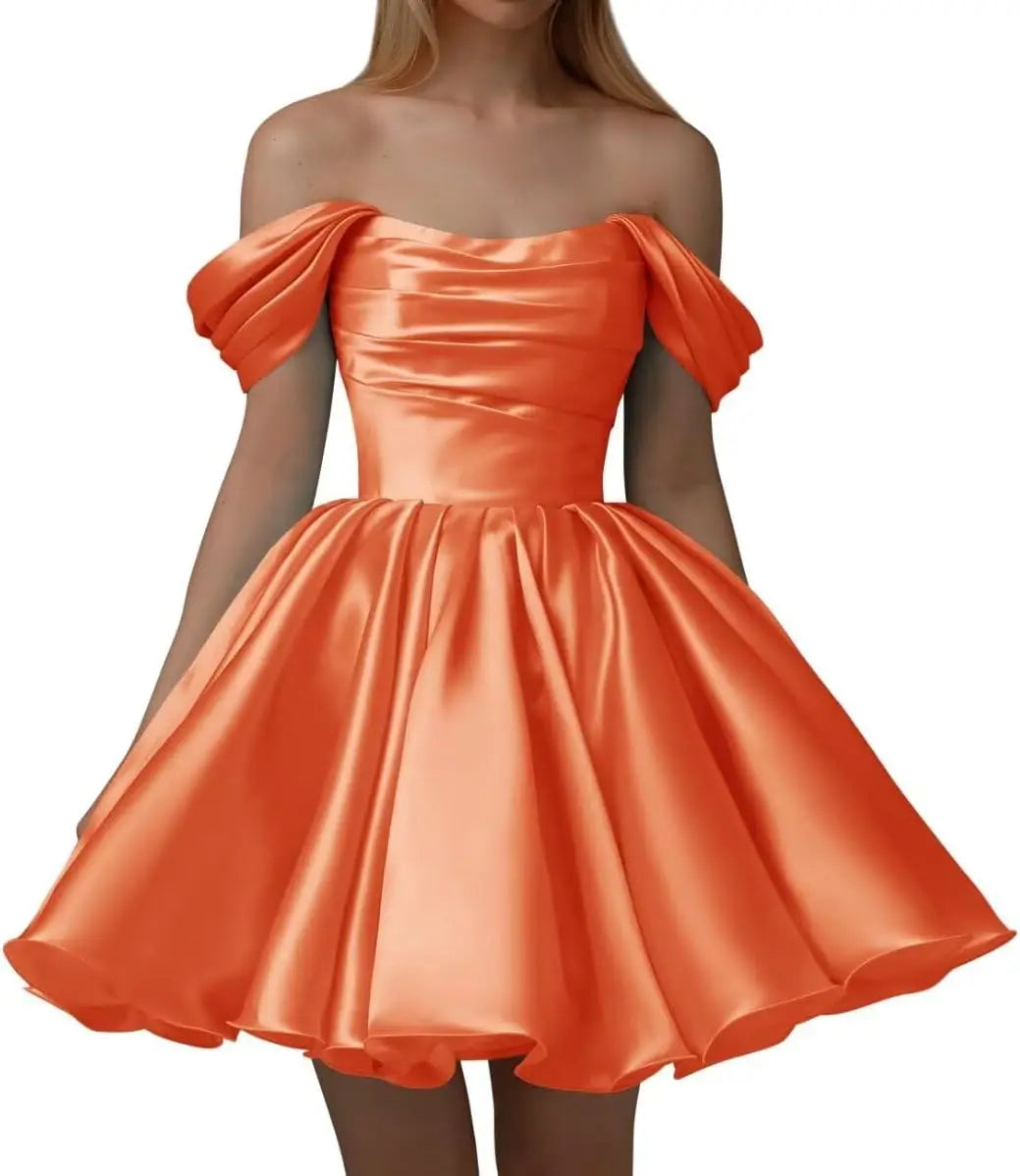 Vestidos de fiesta de satén con hombros descubiertos para mujer, corte A, cortos, plisados, sin tirantes, para boda y fiesta. 