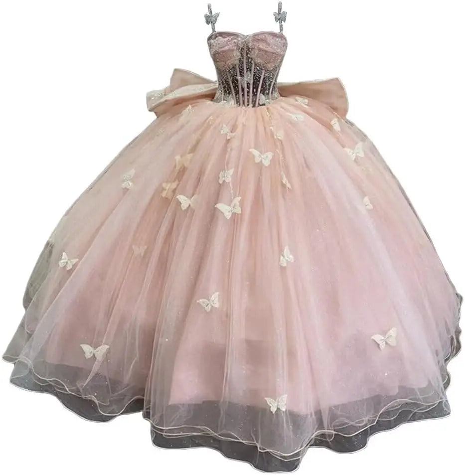 3D Butterfly Quinceanera Dress with Bow Train Spaghetti Strap Sweet 15 16 Ball Gowns Sparkly Vestido De 15 Años