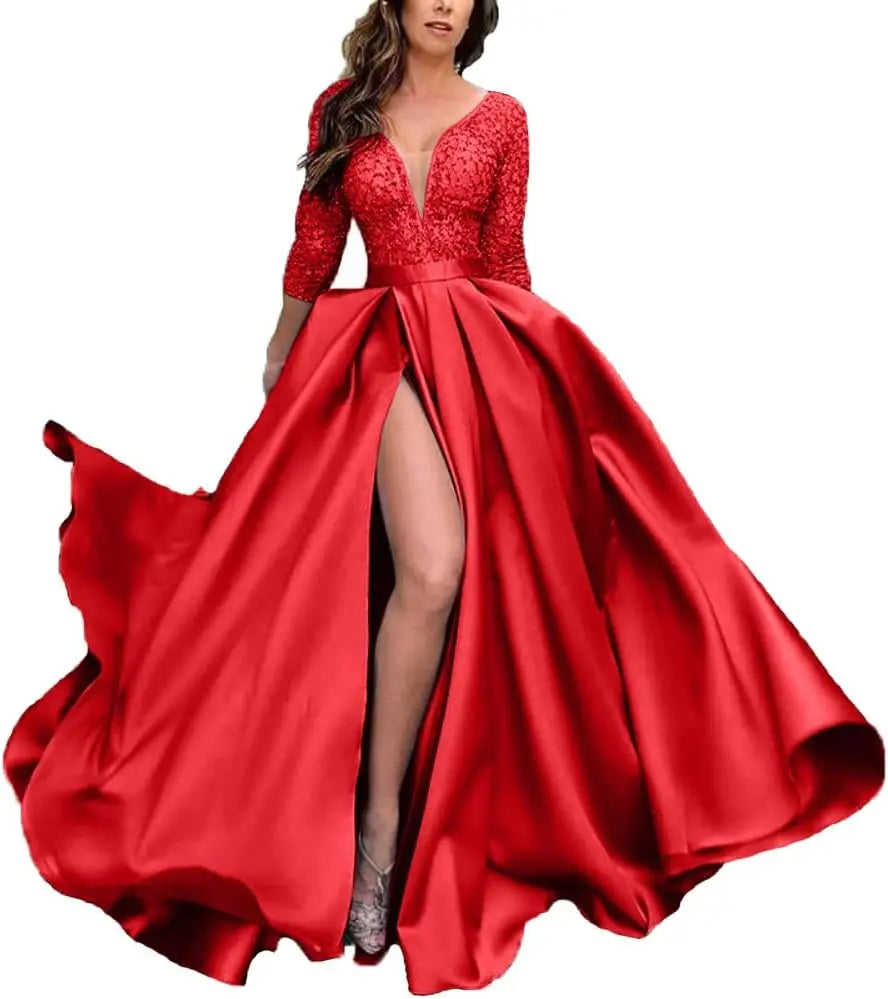 Deep V-Neck Satin Prom Dress for Women, 3/4 Sleeve Formal Evening Gown with Pockets, Elegant Party Dress
