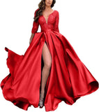 Deep V-Neck Satin Prom Dress for Women, 3/4 Sleeve Formal Evening Gown with Pockets, Elegant Party Dress