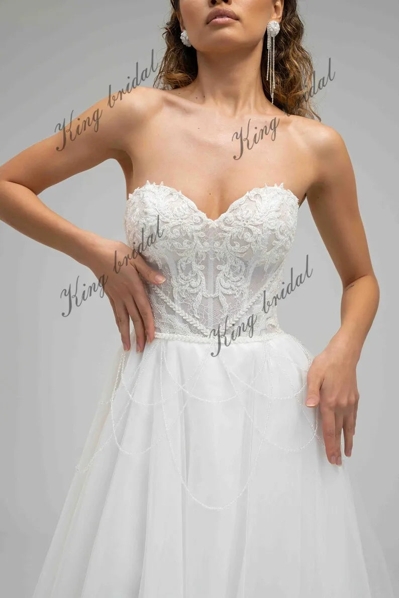 Vestidos de novia de tul con cuentas y hombros descubiertos, con flecos de cristal, falda de novia decorada, vestido de novia con corsé en forma de A, vestido de novia personalizado 