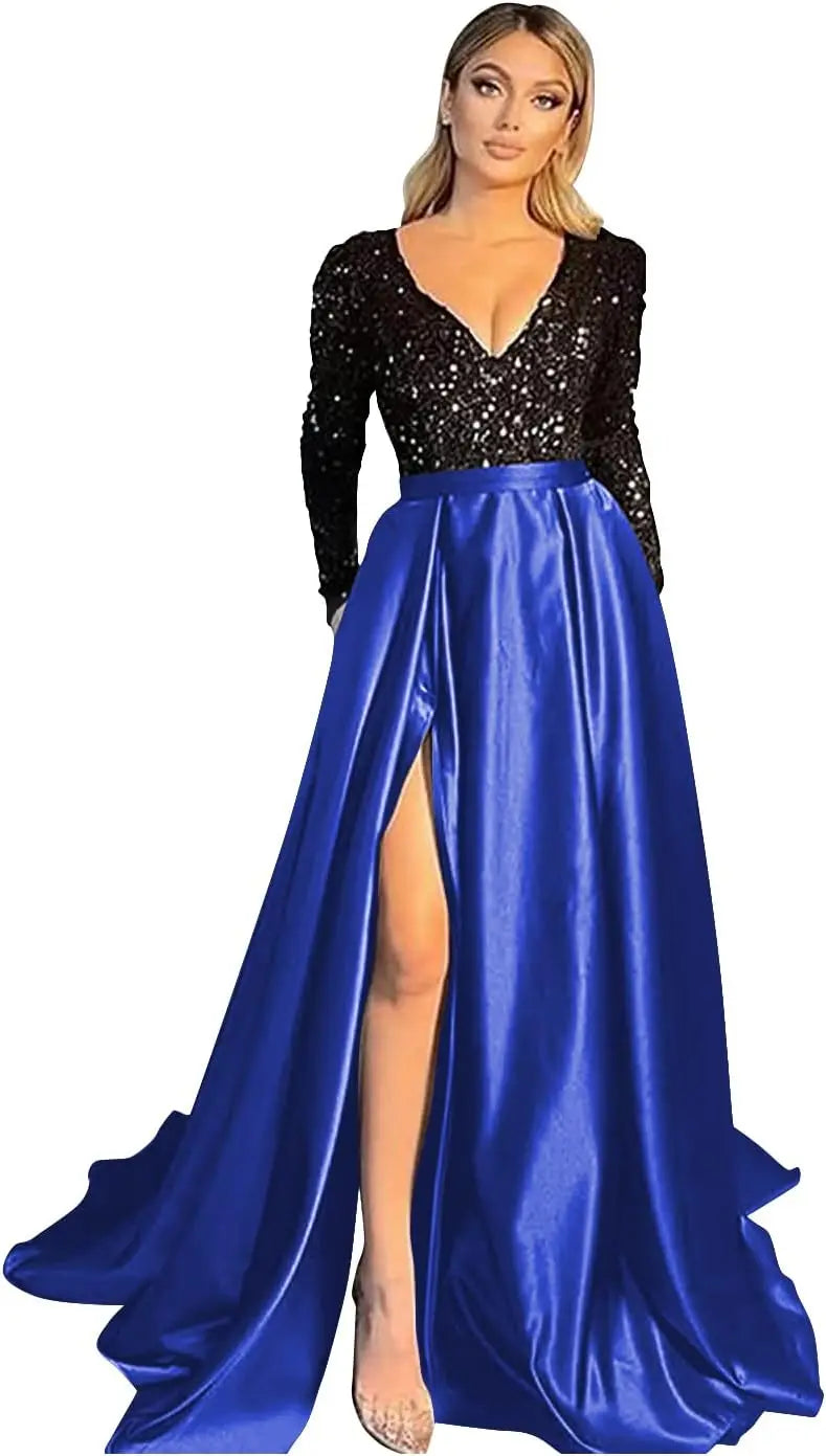 Vestido de fiesta de graduación con lentejuelas brillantes para mujer, con bolsillos, de satén de manga larga, vestido de noche formal con abertura, elegante para fiesta de boda 