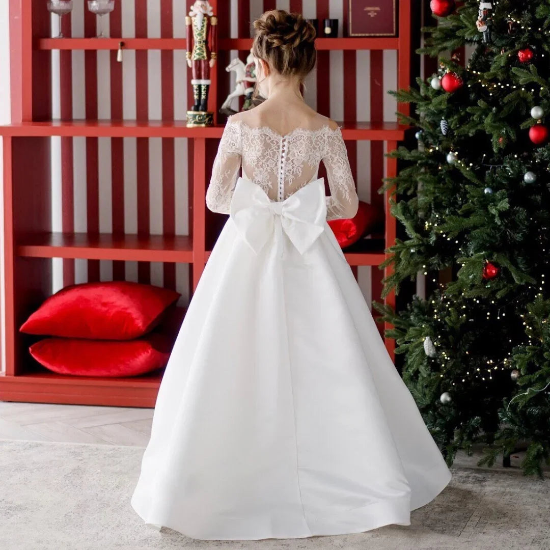 White Rose Appliques With Bow Long Sleeve For Wedding Birthday Banquet Holy Communion Gowns Customized Flower Girl Dresses