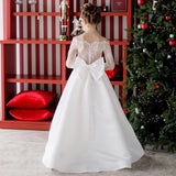 White Rose Appliques With Bow Long Sleeve For Wedding Birthday Banquet Holy Communion Gowns Customized Flower Girl Dresses