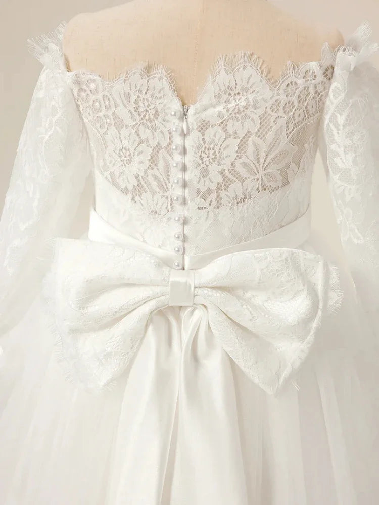 Birthday Party Holy Communion Gowns Flower Girl Dresses White Tulle Rose Appliques With Trailing And Bow Long Sleeve For Wedding