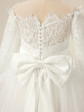 Birthday Party Holy Communion Gowns Flower Girl Dresses White Tulle Rose Appliques With Trailing And Bow Long Sleeve For Wedding