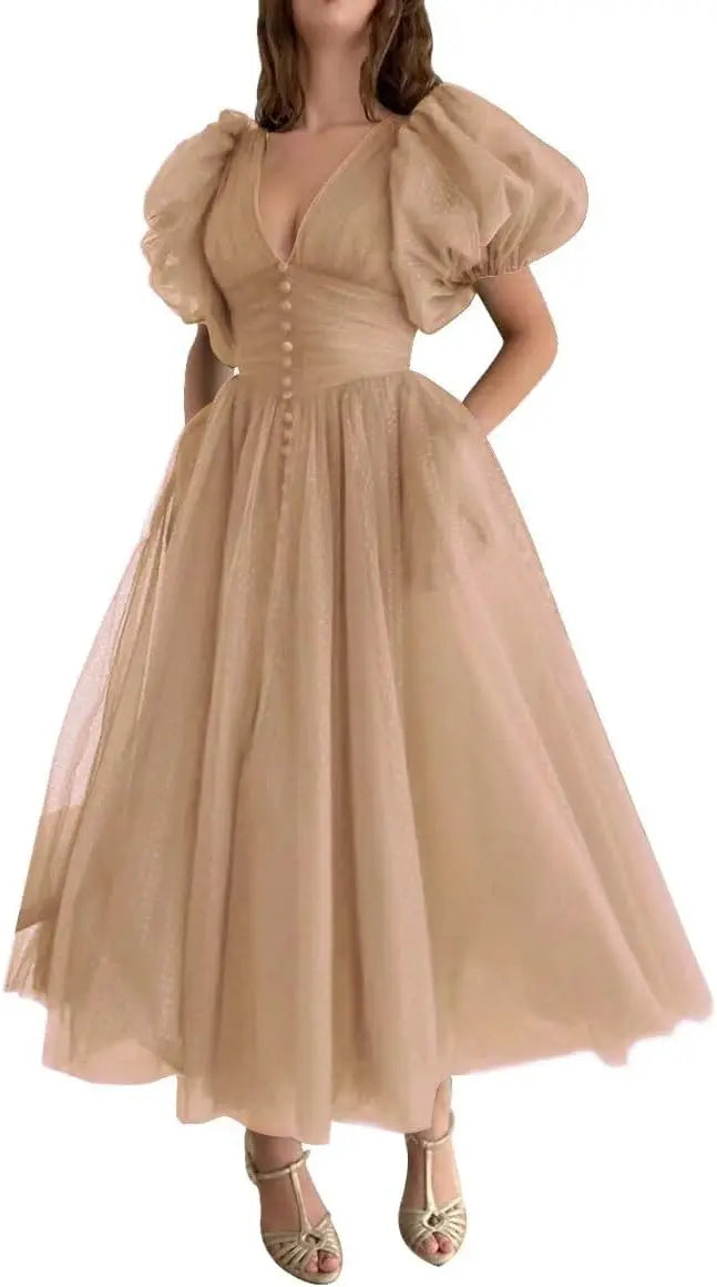 Puffy Sleeve Prom Dresses for Women Dotted Tulle V Neck Formal Evening Party Gowns Tea Length Bridesmaid Dresses