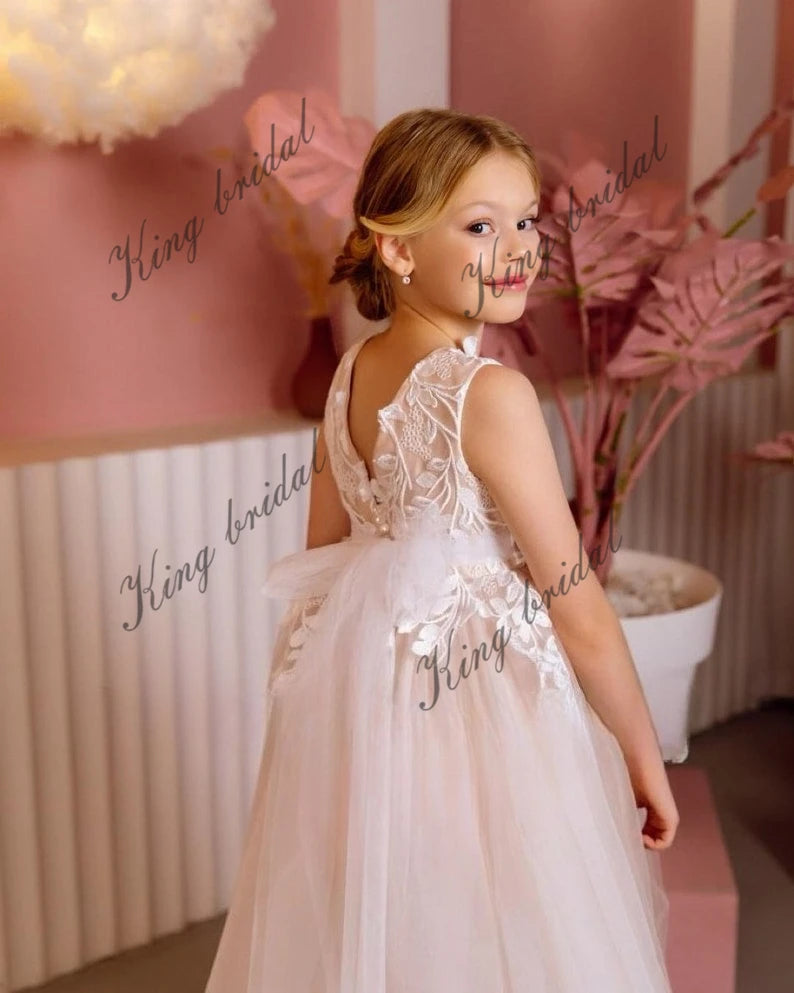 Spitzentüll Brautkleider Heilige Kommunion Besonderer Anlass Kleinkind Erstkommunion Blumenmädchenkleid Festzugskleid für Mädchen 