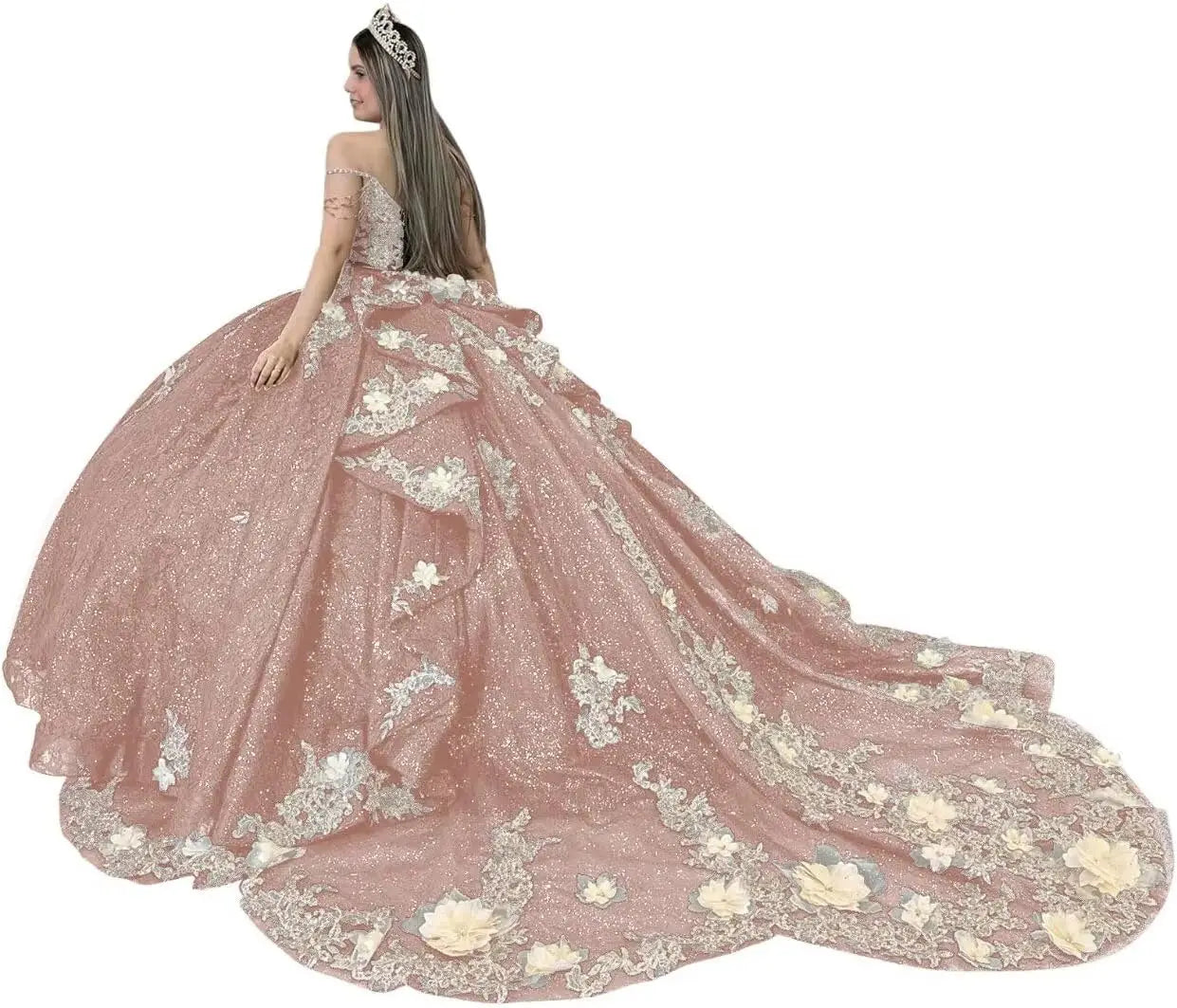 Gold Appliques Quinceanera Dresses with Train Spaghetti Strap Lace Sweet 16 Dresses Layered Ruffles Beaded Ball Gown