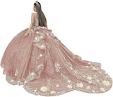 Gold Appliques Quinceanera Dresses with Train Spaghetti Strap Lace Sweet 16 Dresses Layered Ruffles Beaded Ball Gown