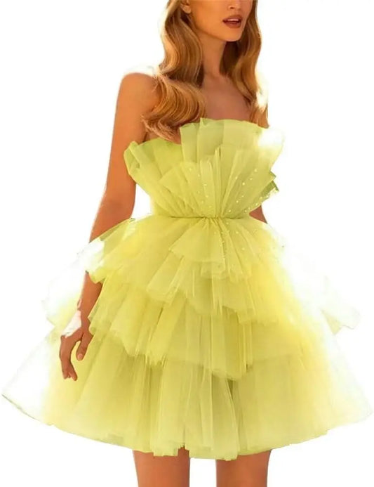 Vestidos de fiesta de tul con hombros descubiertos, abullonados, cortos, sin tirantes, de malla, con volantes, formales, para cóctel o gala 