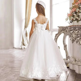 Elfenbeinweißes Blumenmädchenkleid Festzugskleid für Hochzeit Spitzenapplikationen Kindergeburtstagsfeier Erstkommunionkleider Individuell gestaltet 