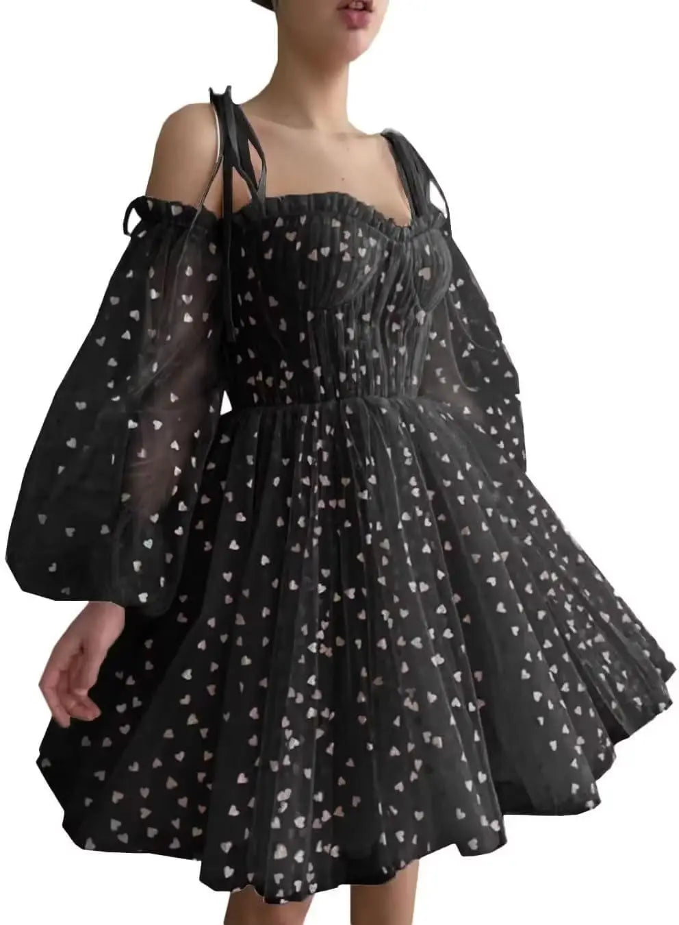 Hübsches Herz, kurzes Tüll-Heimkehrkleid für Teenager, Puffärmel, Mini-Spaghettiträger, formelles Abendkleid, Party-Cocktailkleid 