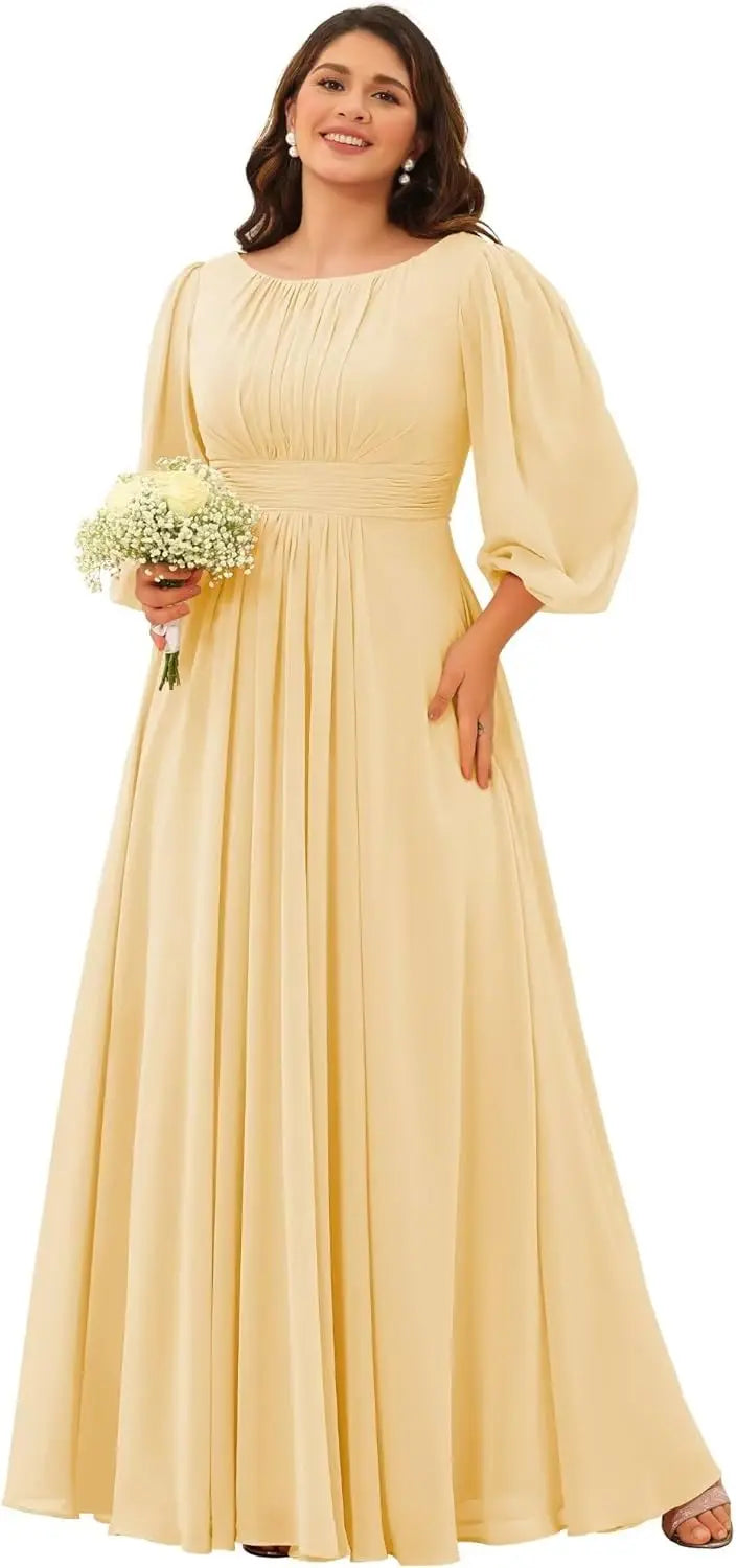 Chiffon Long Sleeves Bridesmaid Dresses Scoop Neck Pleated A Line Long Formal Dresses for Women Plus Size wedding guest dress