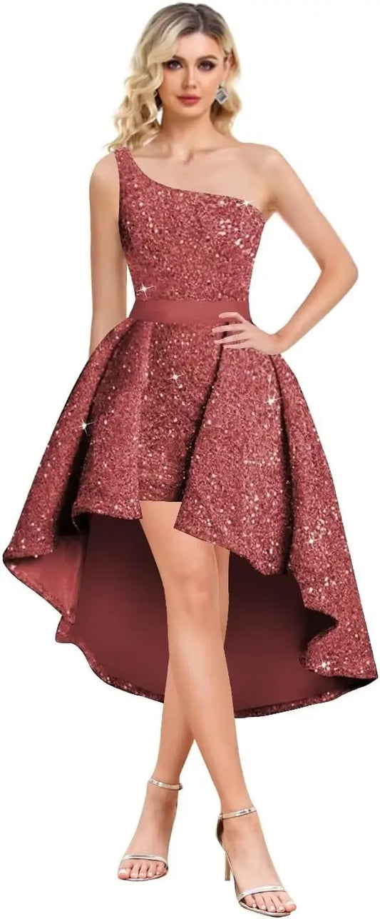High Low One Shoulder Pailletten Homecoming-Kleider Kurze Ballkleider Glitzerndes A-Linien-Cocktail-Midikleid Abschlusskleid