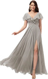 Custom Made Simple Women's Long V Neck Bridesmaid Dresses with Slit Ruffle Chiffon Formal Evening Gowns Wedding Party Dress