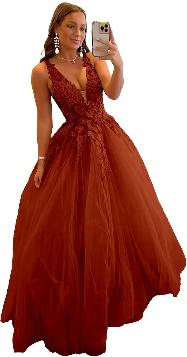Tulle Prom Dresses for Women V Neck Applique Ball Gowns for Teens Women's Long Formal Evening Gowns with 3D Flower