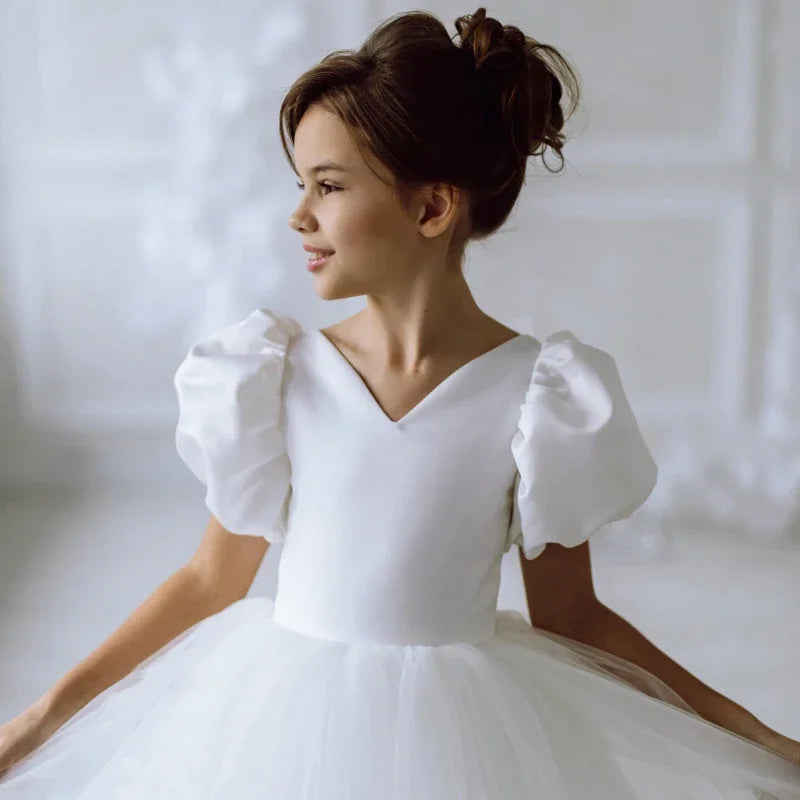 Prinzessin Kleid Blumenmädchen Kleider Weiß Tüll Satin Kurzarm Für Hochzeit Geburtstag Party Ball Bankett Prinzessin Kleider 