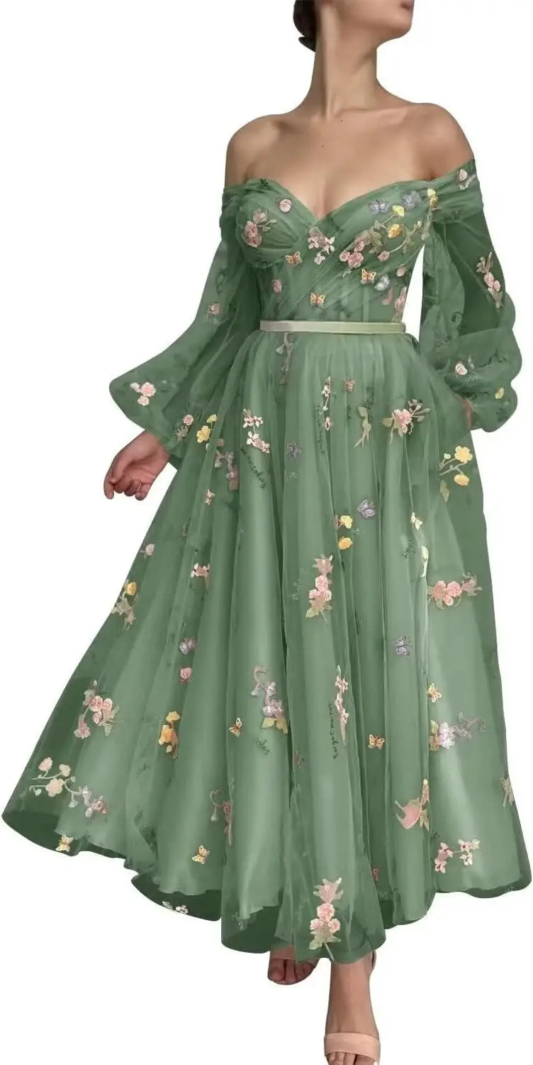 Bridesmaid Dress Long Sleeve Flower Embroidery Lace Tulle Prom Dresses for Women A Line Fairy Maxi Formal Evening Party Gowns