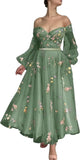 Bridesmaid Dress Long Sleeve Flower Embroidery Lace Tulle Prom Dresses for Women A Line Fairy Maxi Formal Evening Party Gowns