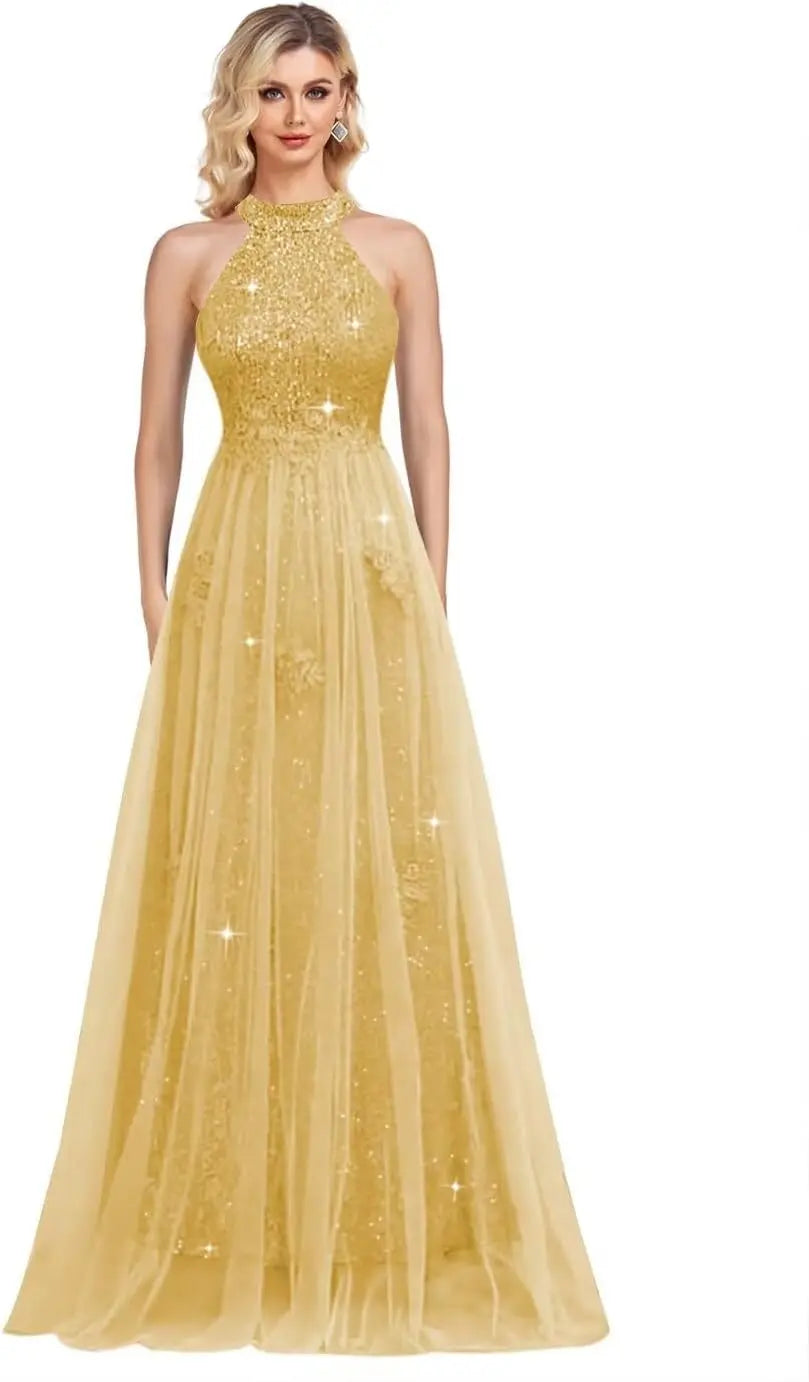 Vestidos de fiesta de lentejuelas con cuello halter y flores, hechos a medida, 2025, de tul brillante, corte A, para boda, fiesta formal de noche 