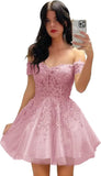 Hübsches kurzes Heimkehrkleid mit Spitzenapplikation für Teenager, glitzernder Tüll, schulterfrei, formelles Abschlussball-Cocktailkleid, Clubkleid 