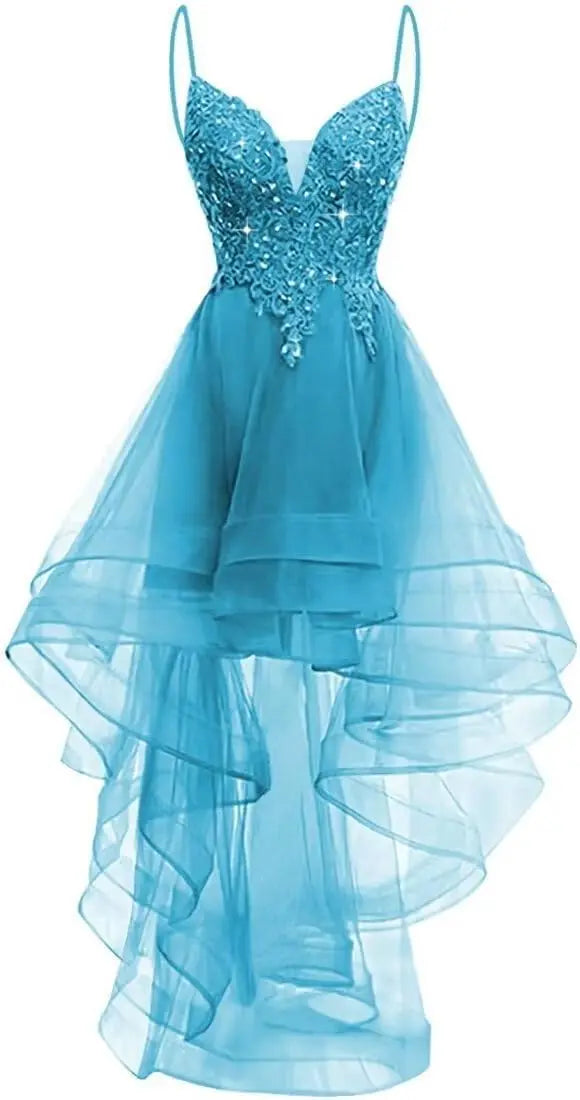 Lace Applique Homecoming Dresses 2025 High Low Spaghetti Straps Tulle Short Prom Dress for Teens Glitter Quinceanera Dress Gowns