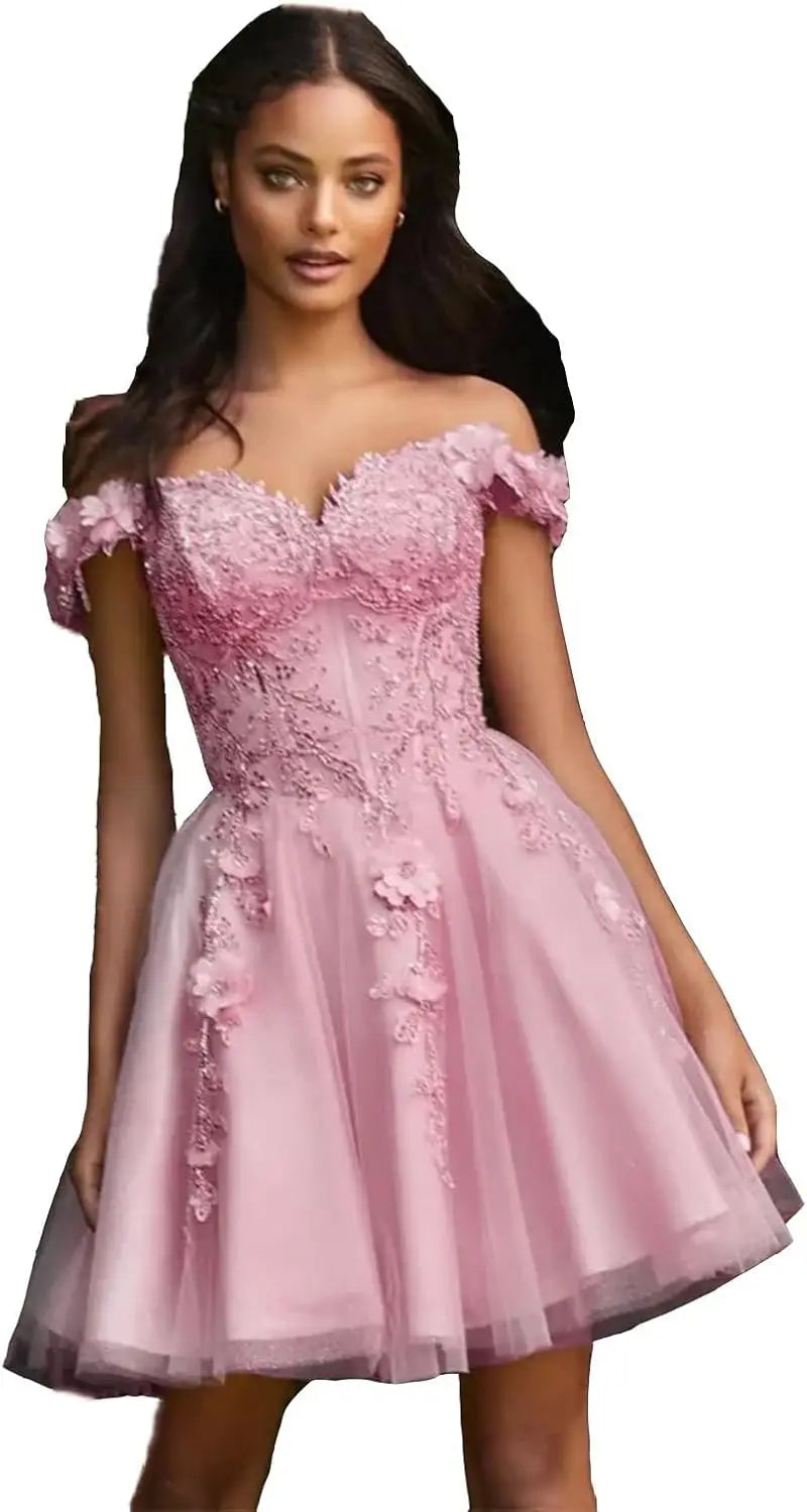 Vestidos de fiesta de tul con hombros descubiertos 2025, vestidos de fiesta cortos de encaje estilo princesa, vestidos de graduación 