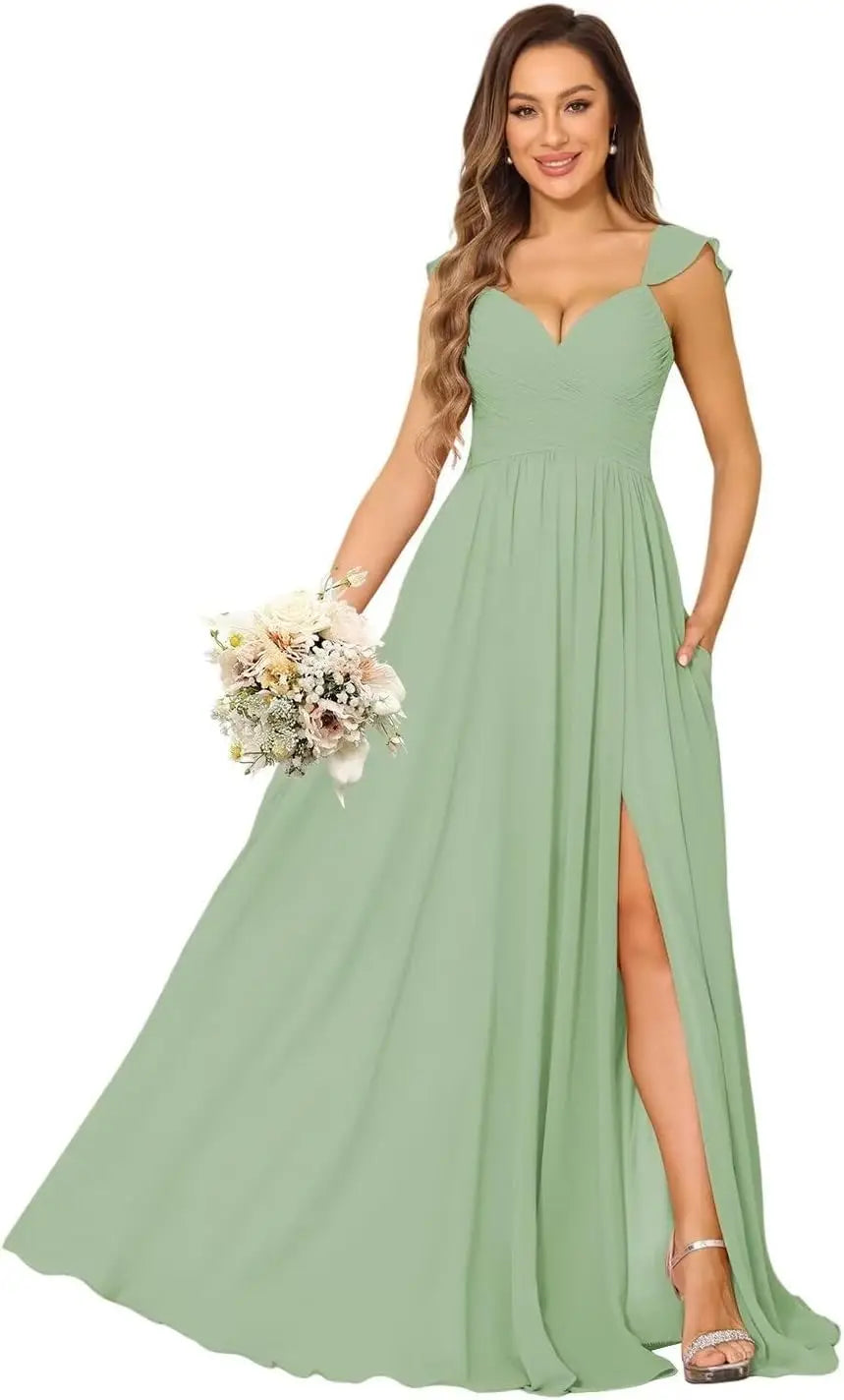 Women's Cap Sleeves Chiffon Bridesmaid Dresses Long with Pockets Ruffle Formal Evening Dresses with Slit Wedding Party Gowns