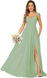 Women's Cap Sleeves Chiffon Bridesmaid Dresses Long with Pockets Ruffle Formal Evening Dresses with Slit Wedding Party Gowns
