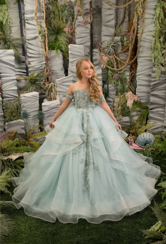 Vestido de primera comunión con volantes de encaje ligeramente desinflado para niña, vestido de fiesta de cumpleaños para niña, precioso vestido de niña de las flores para boda. 