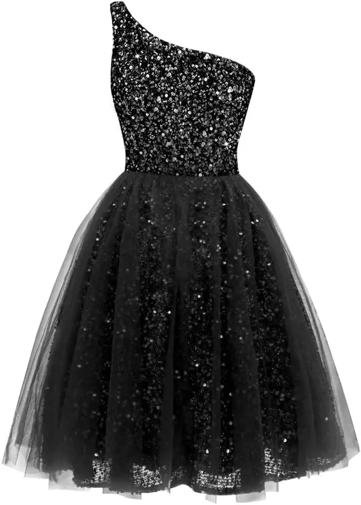 One Shoulder Sequin Homecoming Dresses Short Tulle Prom Dresses for Women A Line Princess Formal Cocktail Gown Gowns