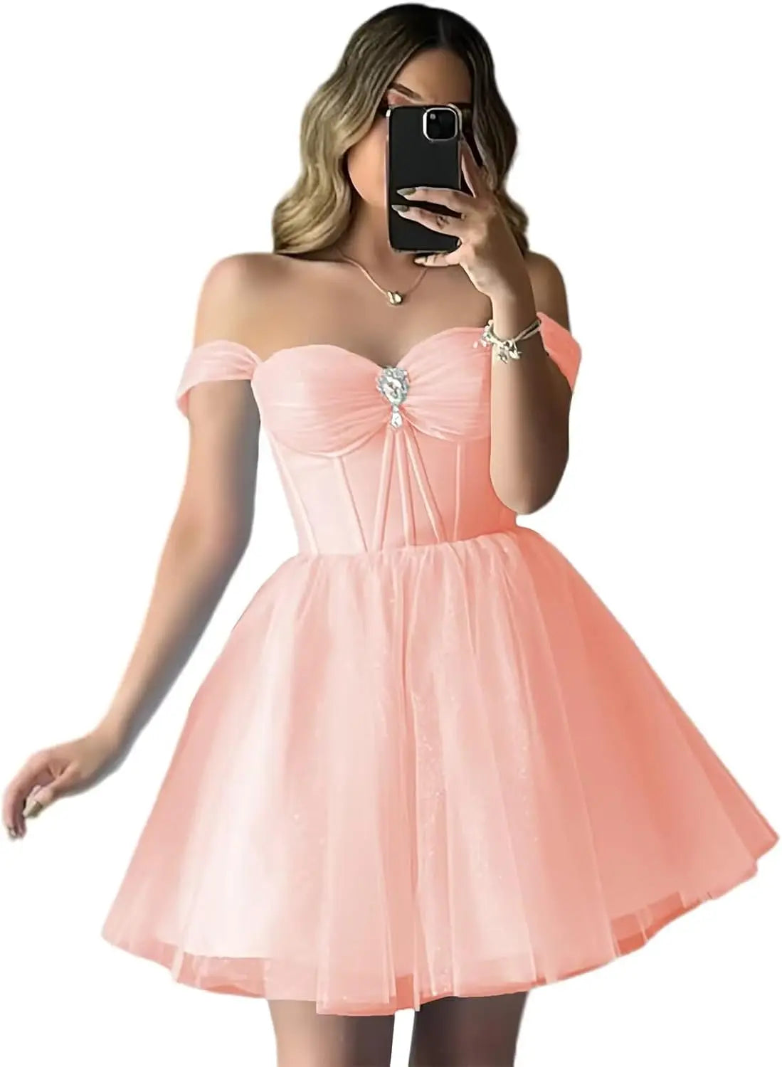 Vestidos de fiesta de tul brillante con hombros descubiertos, vestidos de fiesta cortos para adolescentes, vestido de cóctel de corte A con escote en forma de corazón y vuelo. 