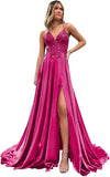 Spaghetti Strap Sequin Applique Prom Dresses with Slit A-Line Long Satin Sparkly Formal Evening Party Gowns party dress