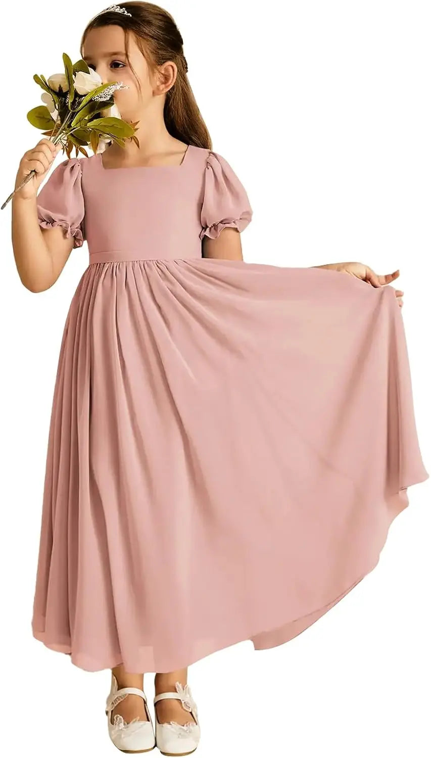 Long Chiffon Junior Bridesmaid Dresses for Wedding with Sleeve Formal Flower Girl Dress for Teens princess dress