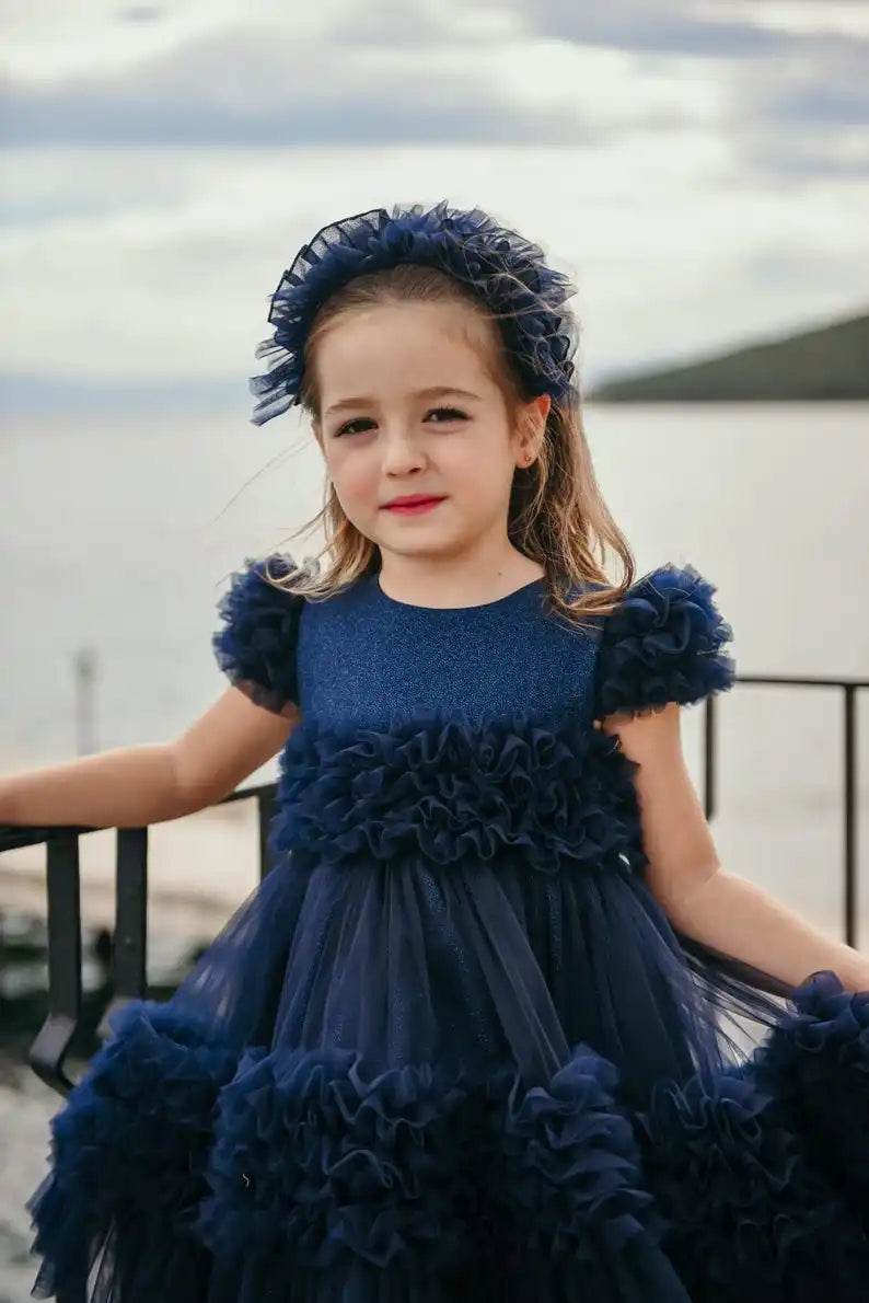 Navy Sleeveless Dress, Summer Flower Girl Holiday Wedding Pageant Birthday, Party Dress Children Toddler, Anniversaries Dress