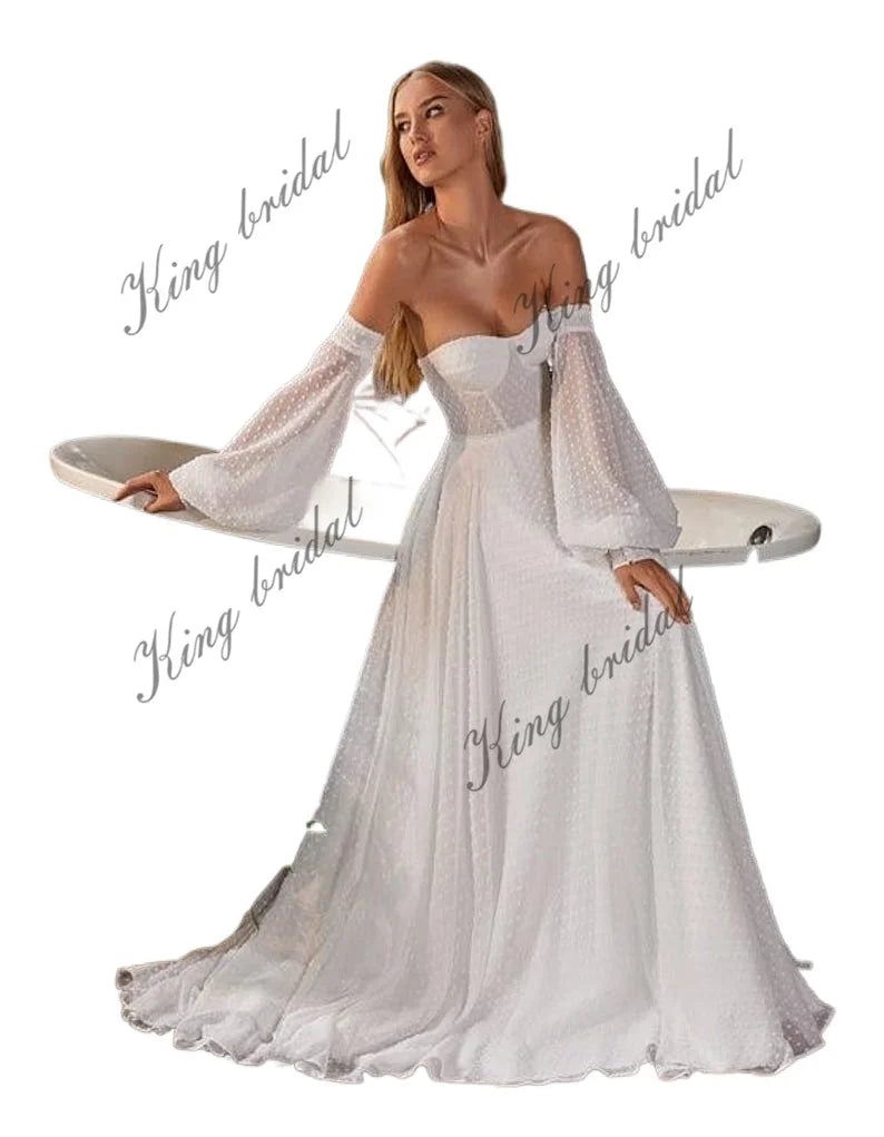Bustier Gepunktetes seidiges Chiffonkleid Abnehmbare lange Ärmel Brautkleid Minimalistisches Hochzeitskleid Boho Custom Hochzeitskleid 