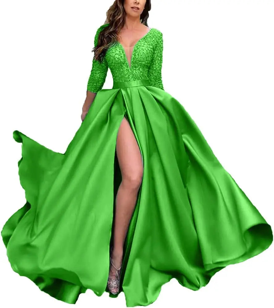 Deep V-Neck Satin Prom Dress for Women, 3/4 Sleeve Formal Evening Gown with Pockets, Elegant Party Dress