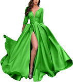 Deep V-Neck Satin Prom Dress for Women, 3/4 Sleeve Formal Evening Gown with Pockets, Elegant Party Dress