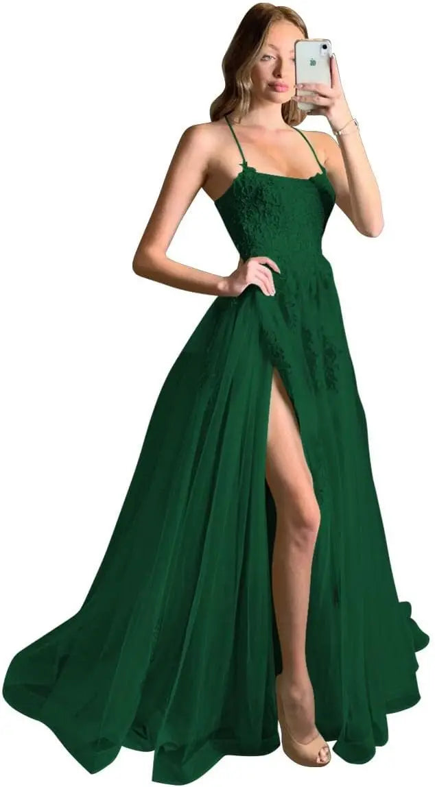 Vestidos de fiesta largos de encaje cruzado con tirantes finos y abertura para mujer 2026. 